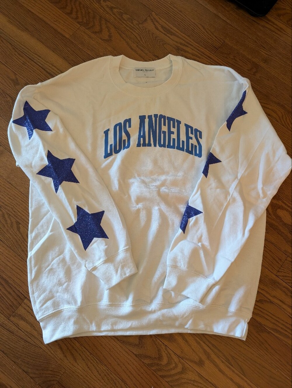White 'Los Angeles' Crewneck with Blue Glitter Stars